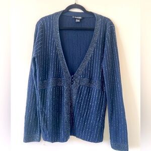 Ellen Tracy Navy Blue Beaded Embellish Full Sleeve Silk/Cashmere Top Size Large